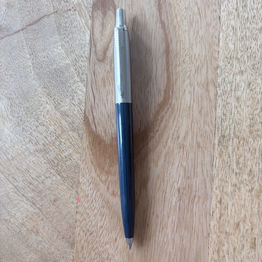 Parker Jotter Ballpoint Pen Navy Blue and Stainless Steel Silver Trim Click Type